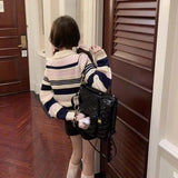 Fongt Autumn Winter New Korean Version Bump Color Lapel Stripe Sweater Female Loose And Sweet Reduce Age Gentle Wind Knit Cardigan-Outfit