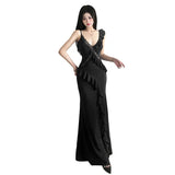 Fongt Summer New Women's Style Of French Temperament V Collar Bare Back Leaves Lace Splicing Slinging Dress