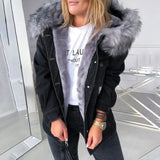 Winter Women Faux Fur Coat Long Sleeve Thicken Fur Hood Plush Warm Denim Coat Large Size Jacket Ripped Button Denim
