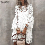 Fashion Women Lace Crochet Work Sundress 2PCS Spring Elegant Long Flare Sleeve Sundress Robe Femme Hollow Out Midi