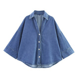 Fongt Homemade New Women's Wide Sleeved Denim Shirt High Waisted Rolled Legged Jeans