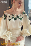 Embroidered Flower Blouse Woman Mesh Patchwork Spring Satin Shirt Lady O-neck Tops Long Sleeve Women's Clothes