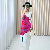 Fongt Folded Mountain Tea Printed Sleeveless Dress Female High-End Temperament Slim Thin Round Neckless Vest Skirt