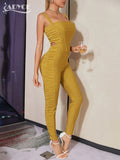 Summer Yellow Bandage Jumpsuits For Women Sexy Hollow Out Sleeveless &Full Pants Draped Club Streetwear Rompers