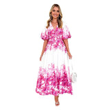 Fongt New Spring And Summer Bubble Sleeve V-Neck Women's Slings Print Fairy Gas In The Long Temperament Swing Dress Dress Woman