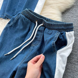 Fongt Hong Kong-Flavored Suit Female Design Sense Short-Sleeved T-Shirt Spliced Denim Jacket + High-Waisted Casual Straight Pants Two-Sleeve