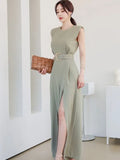 Fongt Sister Fan OL Temperament Conjoined Broad Leg Pants Summer Style Korean Temperament Show Thin Open Fork Fashion Professional Jumpsuit