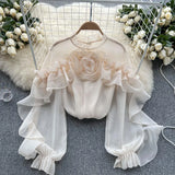 Fongt Sense Irregular Flounce Mesh Shirt Female Spring Autumn Sleeve Fold Small Slim Chic Jacket Tide-Outfit