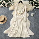 Fongt Fragrant Elegant Collar Long Sleeve Metal Buckle Waist Knitted Dress Autumn Thin Long Dress