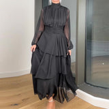 Fongt 2023 New French Hepburn Wind Solid Color High Collar Waist Cake Dress Woman-Outfit