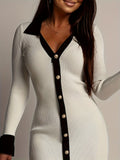 Fongt 2025 New Temperament Elegant High- Waist Long-Sleeved Leaf Side Knitted Dress Woman