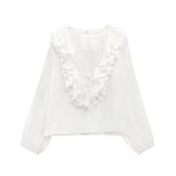 Fongt Early And Early Autumn New French Sweet V-Neck Thin Long-Sleeved Lotus Leaf Shirt Top 8544207
