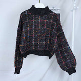 Autumn Winter New Plaid Sweater Women Korean Lazy Wind Short Loose Casual Checkered Sweater Lantern Sleeve Pullovers