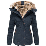 Fongt Warm Wool Collar Cotton Clothes Women Zipper Long Sleeve Hooded Cotton Coat W128