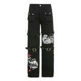 Dark Punk Grunge Gothic Patchwork Black Cargo Jeans Emo Aesthetic Women Autumn Techwear Pants Harajuku Printed