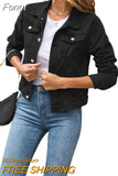 Women's Short Denim Jackets Fashion Female Casual Long Sleeve Lapel Solid Button Pocket Slim Jean Jacket Fall Winter