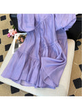 Summer Women's Purple Short Bubble Sleeve Round Neck Elegant Dresses Spring Casual Loose Mini Dresses Ladies