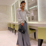 Fongt New Fashion Solid Color Lapel Heavy Industry Sequins Lazy Wind Sweater Coat-Outfit