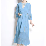 Fongt Luxury Famous Dress Women Spring Diamond Seven-Sleeve Mesh Splicing Design Chic Temperament Dress