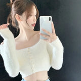 Crop Tops Square Collor Women Knit Sweater Sweet Elegant Female Autumn Solid Color Elegant Pullover Korean Clothing Chic-Outfit