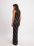 Fongt Women's Fashion Elegant Crochet Sling Dress V-Neck Striped Sexy Wisted Dress