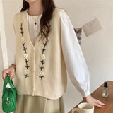 Hsa 2022 Women Sweater Vest Cardigans V neck Floral Embroidery Knitted Winter Tops Korean Fashion cardigan mujer