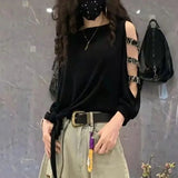 Autumn Long Sleeve Sexy Pullovers Cut Out Off Shoulder Chic Diamonds Casual Slash Neck Female Streetwear Bandage T-shirt-Outfit
