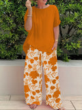 Fongt Plus Code Lady Two-Set Set Of Stylish Short-Sleeved Round Collar Top Wide Leg Trousers Print Casual Dress