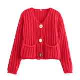 Fongt 2025 New Women's Solid-Color Casual Fashion Coarse Knit Long-Sleeved Sweater Cardigan Jacket