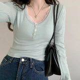 New Spice Girl Style Round Collar Single-Breasted Lace Stitched Pure Long-Sleeved Knitted Blouse-Outfit