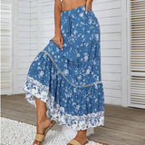 Beach Skirts Women High Waist Lace Ruffles Long Skirt Big Hem Floral Printing Casual Holiday Clothing