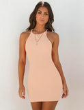 Fongt Spring And Summer Sexy Ribbed Small Halter Dress Solid Color Knit Show Thin Commuter