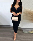 Fongt Temperament Elegant Solid Color Wrap Hip Dew Back Deep V High Waist Bow Stretch Slit
