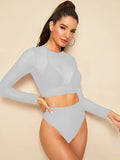 Fongt Sleeve Smock Mesh Bikini Swimsuit Split High Waist Triangle Three Piece Swimsuit