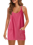 Fongt Summer Solid Sleeveless Dress Fine Shoulder Strap Vest Skirt Sports Skirt Pocket