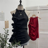 Fongt Design Sleeveless Leaves Three-Dimensional Flower Blouse Atmosphere Slimming Waist 1166