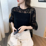 Women's Blouse Lace Shirt Solid Summer New Slim Fashion Casual Net Yarn Hollow Top Korean Style Female Clothing Slim