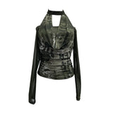 Fongt Hottie Hanging Neck A Word Shoulder Collar Long Sleeve Mesh Yarn T-Shirt 1331