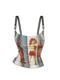 Slim Spaghetti Strap Camisole Graphic Print Tank Top Y2K Female Vintage Fashion Off Shoulder Vest Women's Crop Top