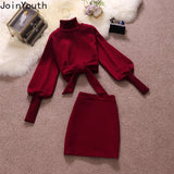 Ropa Mujer Fashion 2 Piece Set for Women Turtleneck Lantern Sleeve Bandage Hoodies Bodycon Mini Skirt Suit Elegant