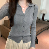 Color Polo Neckline Knitted Sweater Women's New Autumn Sweater Slim And Slim Long-Sleeved Cardigan-Outfit