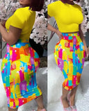 Fongt Women's Round Collar Short-Sleeved T-Shirt Wrapped Hip Skirt Print Leak Umbilical Slim Sexy