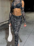 Sexy Printed Mesh Dress Set Women 2022 Beach Style See Through 2 Piece Sets Sleeveless Crop Top With Gloves Maxi