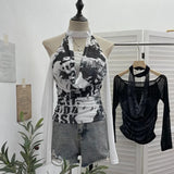 Fongt Hottie Hanging Neck A Word Shoulder Collar Long Sleeve Mesh Yarn T-Shirt 1331