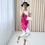 Fongt Folded Mountain Tea Printed Sleeveless Dress Female High-End Temperament Slim Thin Round Neckless Vest Skirt