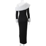 Off-shoulder Black Fur Trim Long Sleeve Maxi Bodycon Dress-Outfit