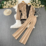 Fongt Ocean Gas Three-Piece Loose Wind Letter Embroidered Cardigan Jacket Bottom High Collar Knitting Tops Broad Legs