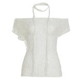 Fongt Pure Babes Perspective Lace Lace Shoulder Strap Around The Neck Solid Color Short-Sleeved T-Shirt Top