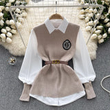 Fongt Style High-Level Sense Of Light Luxury Lady Suit Autumn And Winter Solid Color Loose Long-Sleeved Shirt + Knitted Vest
