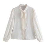 Women New Spring Autumn Blouses Elegant Long Sleeve White OL Shirt Ladies Solid Color Tops White Bow Tie
